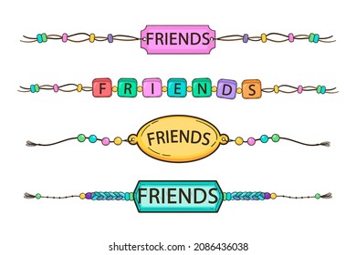 Friendship band wristband.  Friend bracelet. Amity forever. Happy relationship, unity. Partnership hand braclet, brotherhood strap. together concept design. Connection bangle. Vector illustration.