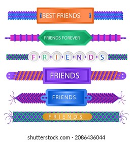 Friendship band wristband.  Friend bracelet. Amity forever. Happy relationship, unity. Partnership hand braclet, brotherhood strap. together concept design. Connection bangle. Vector illustration.