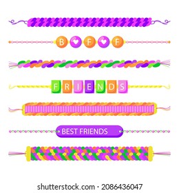 Friendship band wristband.  Friend bracelet. Amity forever. Happy relationship, unity. Partnership hand braclet, brotherhood strap. together concept design. Connection bangle. Vector illustration.