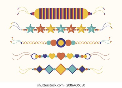 Friendship band wristband.  Friend bracelet. Amity forever. Happy relationship, unity. Partnership hand braclet, brotherhood strap. together concept design. Connection bangle. Vector illustration.