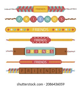 Friendship band wristband.  Friend bracelet. Amity forever. Happy relationship, unity. Partnership hand braclet, brotherhood strap. together concept design. Connection bangle. Vector illustration.