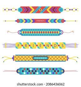 Friendship band wristband.  Friend bracelet. Amity forever. Happy relationship, unity. Partnership hand braclet, brotherhood strap. together concept design. Connection bangle. Vector illustration.