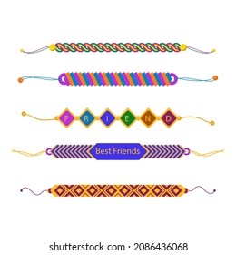 Friendship band wristband.  Friend bracelet. Amity forever. Happy relationship, unity. Partnership hand braclet, brotherhood strap. together concept design. Connection bangle. Vector illustration.