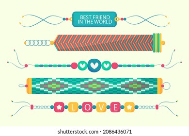 Friendship band wristband.  Friend bracelet. Amity forever. Happy relationship, unity. Partnership hand braclet, brotherhood strap. together concept design. Connection bangle. Vector illustration.