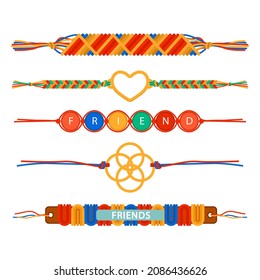 Friendship band wristband.  Friend bracelet. Amity forever. Happy relationship, unity. Partnership hand braclet, brotherhood strap. together concept design. Connection bangle. Vector illustration.