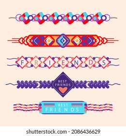 Friendship band wristband.  Friend bracelet. Amity forever. Happy relationship, unity. Partnership hand braclet, brotherhood strap. together concept design. Connection bangle. Vector illustration.