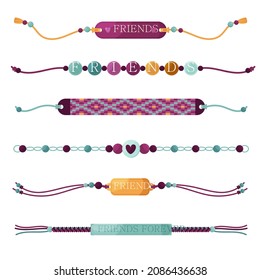 Friendship band wristband.  Friend bracelet. Amity forever. Happy relationship, unity. Partnership hand braclet, brotherhood strap. together concept design. Connection bangle. Vector illustration.