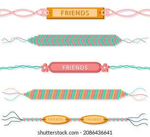 Friendship band wristband.  Friend bracelet. Amity forever. Happy relationship, unity. Partnership hand braclet, brotherhood strap. together concept design. Connection bangle. Vector illustration.