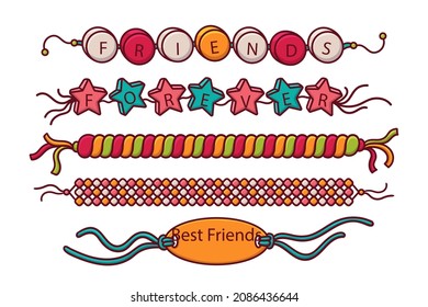 Friendship band wristband.  Friend bracelet. Amity forever. Happy relationship, unity. Partnership hand braclet, brotherhood strap. together concept design. Connection bangle. Vector illustration.