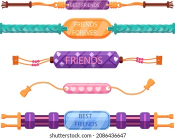 Friendship band wristband.  Friend bracelet. Amity forever. Happy relationship, unity. Partnership hand braclet, brotherhood strap. together concept design. Connection bangle. Vector illustration.