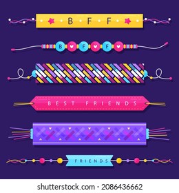 Friendship band wristband.  Friend bracelet. Amity forever. Happy relationship, unity. Partnership hand braclet, brotherhood strap. together concept design. Connection bangle. Vector illustration.