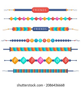 Friendship band wristband.  Friend bracelet. Amity forever. Happy relationship, unity. Partnership hand braclet, brotherhood strap. together concept design. Connection bangle. Vector illustration.