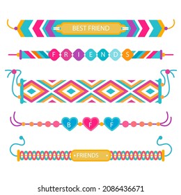 Friendship band wristband.  Friend bracelet. Amity forever. Happy relationship, unity. Partnership hand braclet, brotherhood strap. together concept design. Connection bangle. Vector illustration.