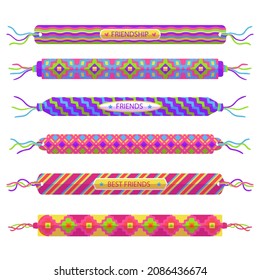 Friendship band wristband.  Friend bracelet. Amity forever. Happy relationship, unity. Partnership hand braclet, brotherhood strap. together concept design. Connection bangle. Vector illustration.