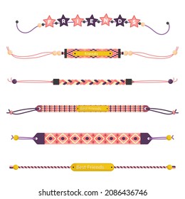 Friendship band wristband.  Friend bracelet. Amity forever. Happy relationship, unity. Partnership hand braclet, brotherhood strap. together concept design. Connection bangle. Vector illustration.