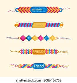 Friendship band wristband.  Friend bracelet. Amity forever. Happy relationship, unity. Partnership hand braclet, brotherhood strap. together concept design. Connection bangle. Vector illustration.