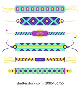 Friendship band wristband.  Friend bracelet. Amity forever. Happy relationship, unity. Partnership hand braclet, brotherhood strap. together concept design. Connection bangle. Vector illustration.