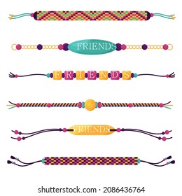 Friendship band wristband.  Friend bracelet. Amity forever. Happy relationship, unity. Partnership hand braclet, brotherhood strap. together concept design. Connection bangle. Vector illustration.