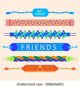 Friendship band wristband.  Friend bracelet. Amity forever. Happy relationship, unity. Partnership hand braclet, brotherhood strap. together concept design. Connection bangle. Vector illustration.