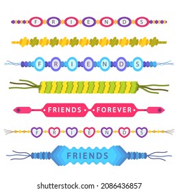 Friendship band wristband.  Friend bracelet. Amity forever. Happy relationship, unity. Partnership hand braclet, brotherhood strap. together concept design. Connection bangle. Vector illustration.