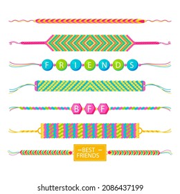 Friendship band wristband.  Friend bracelet. Amity forever. Happy relationship, unity. Partnership hand braclet, brotherhood strap. together concept design. Connection bangle. Vector illustration.