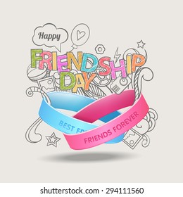 Friendship bands with text best friends forever and  hand drawn doodle scetch background. Happy friendship day