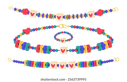 Friendship bead bracelets. Handmade plastic friendship jewelry, kids handcraft cute accessories with colored beads flat vector illustration set. Cartoon friendship jewelry