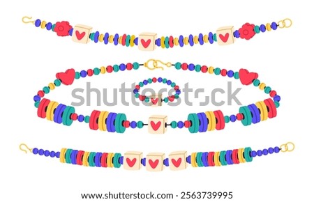 Friendship bead bracelets. Handmade plastic friendship jewelry, kids handcraft cute accessories with colored beads flat vector illustration set. Cartoon friendship jewelry
