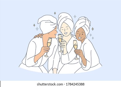 Friendship, beauty, recreation, drink concept. Young happy multiracial women girls friends holding glasses with champagne in hotel together. Bride and bridesmaid celebrating bachelorette spa party.