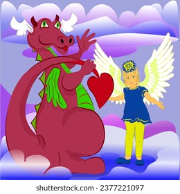 friendship between an angel and a pink dragon on scarlet clouds, the little dragon doesn’t mind letting him hold his heart on his tail because he really liked the girl’s wings