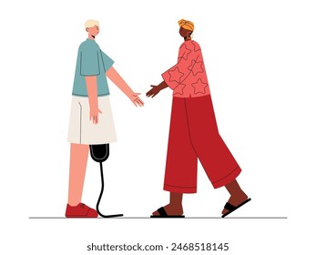 Friendship between black people with normal physique and white people with special needs, diversity vector illustration.