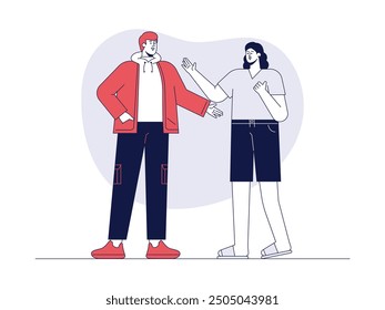 Friendship between boy and girl, outline style, vector illustration.