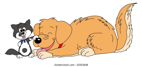 Friendship between a cartoon cat and dog.