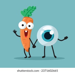 
Amistad entre el globo ocular de caricatura y la ilustración de un vector de mascota de zanahoria. Personaje de ojo feliz y vegetación saludable con vitamina A siendo una pareja
