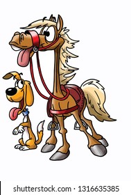 Friendship between a cartoon horse and a dog vector illustration