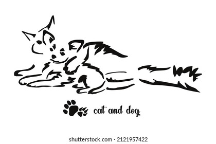 Friendship between a cat and a small chihuahua dog. Gestalt animal design