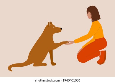Friendship between a dog and a woman. The girl holds out her hand and the dog gives her a paw. Love for pets. Flat vector illustration.