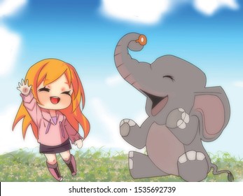 Friendship between elephant and chibi girl in the grass field background