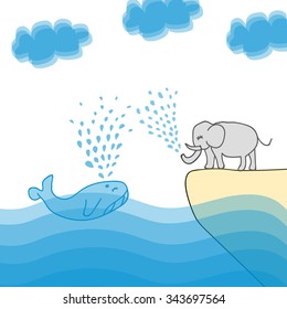 The friendship between the elephant and the whale. Vector illustration
