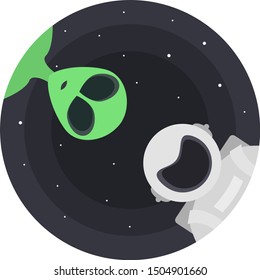 Friendship between extraterrestrial and astronaut. Time together with  alien and cosmonaut. From the round hole of space. In flat paper cut style for t-shirt, print or textile. Vector illustration