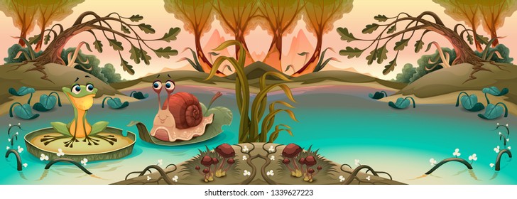 Friendship between frog and snail in the pond.  Vector cartoon illustration
