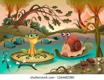 Friendship between frog and snail.  Vector cartoon illustration