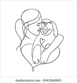 Friendship between human and animal in line art style vector. Dog with human continuous line minimalist logo. Linear black and white illustration on a white background