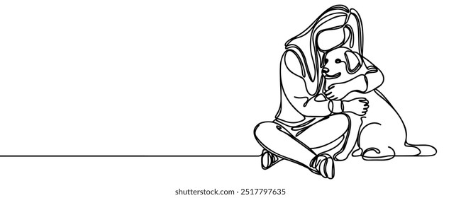 Friendship between human and animal in line art style vector. Dog with human continuous line minimalist logo. Linear black and white illustration on a white background