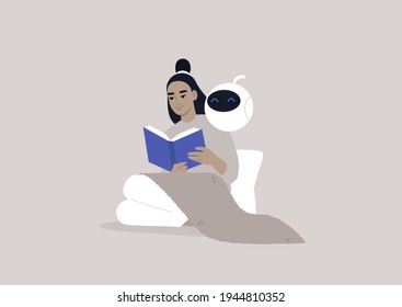 The friendship between a human and a robot, a young female Asian character reading a book together with the electronic home assistant, machine learning concept