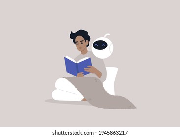 The friendship between a human and a robot, a young male character reading a book together with the electronic home assistant, machine learning concept