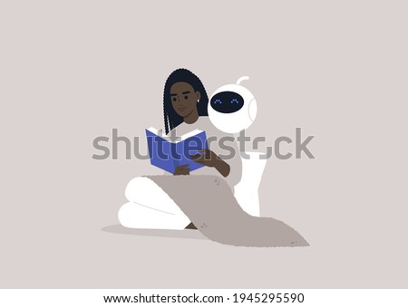 The friendship between a human and a robot, a young female Black character reading a book together with the electronic home assistant, machine learning concept