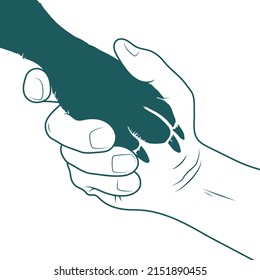 Friendship between man and animal. Animal paw in human hand silhouette