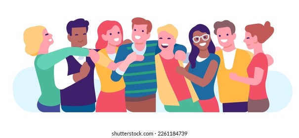 Friendship between multiracial people. Friends embracing. Persons showing unity and connection. Men and women standing together. Students hug. International communication