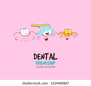 Friendship between teeth and toothbrush funny card. Cute tooth characters. Dental personage vector illustration. Illustration for children dentistry. Oral hygiene, teeth cleaning. Healthy Gums.